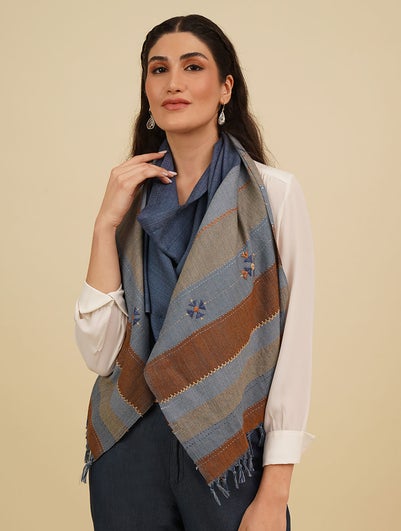 Women Multicolour Handwoven Wool Stole with Soof Embroidery