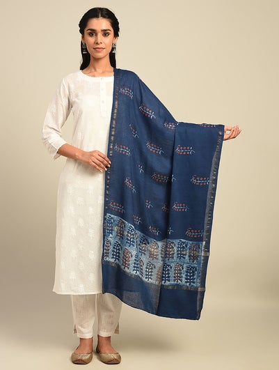 Women Blue Block Print Mercerized Cotton Dupatta with Zari