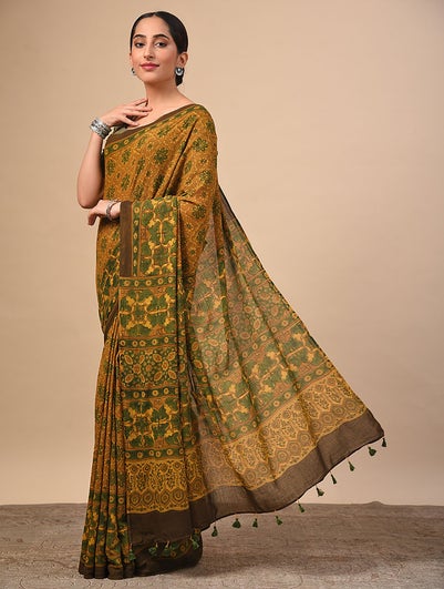 Women Yellow Ajrakh Cotton Mul Saree