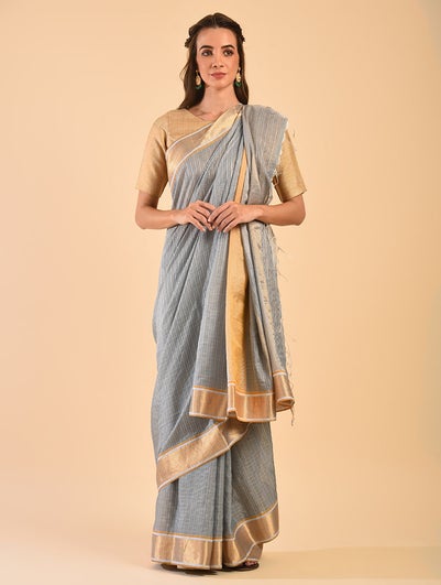 Women Grey Handloom Silk Cotton Saree