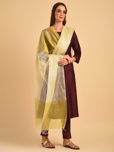 Women Yellow Cotton Silk Hand Woven Dupatta