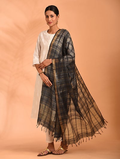 Women Black Silk Hand Woven Dupatta