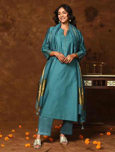 Women Teal Blue Cotton Silk Mandarin Collar Straight Fit Kurta