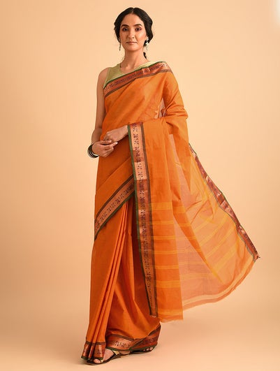 Women Orange Handwoven Kanchipuram Cotton Saree