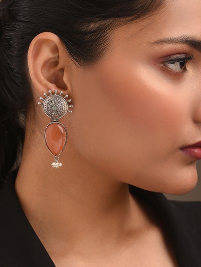 Women Orange Silver Tone Tribal Earrings