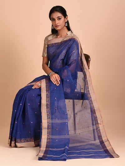 Women Blue Handloom Tangail Cotton Saree