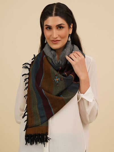 Women Multicolour Handwoven Wool Stole With Soof Embroidery