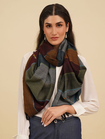 Women Multicolour Handwoven Wool Stole with Soof Embroidery