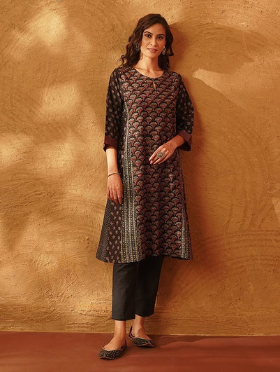 Women Black Cotton Ajrakh Round Neck Regular Fit Kurta