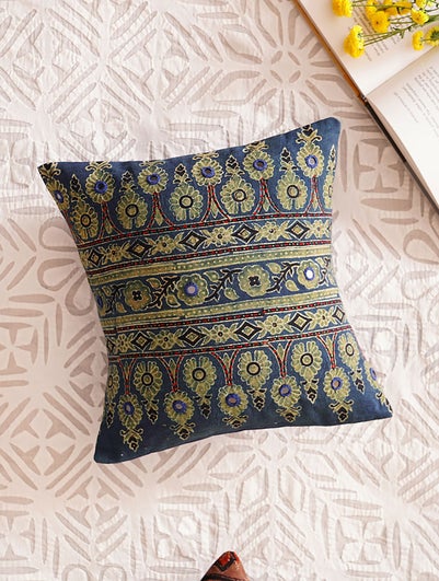 Handcrafted Ajrakh Mirrorwork Cushion Cover