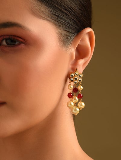 Women Red Gold Tone Kundan Earrings