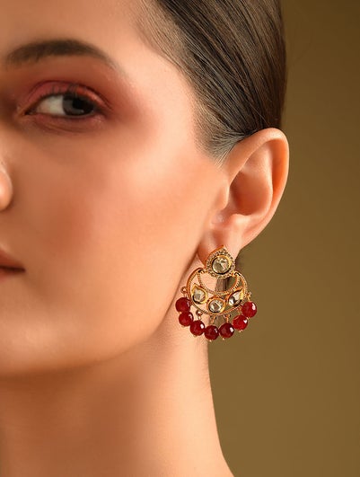 Women Red Gold Tone Kundan Earrings