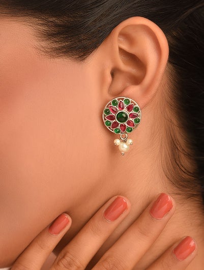 Women Red Green Silver Tone Temple Earrings