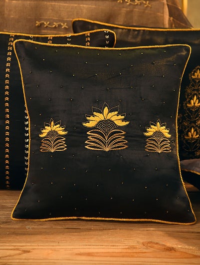 Bidri Inspired Embroidered Mashru Cushion Cover