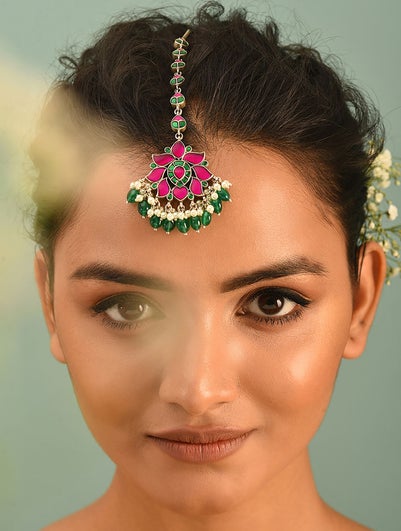 Women Ruby Pink Green Tribal Silver Maangtikka With Kempstones And Pearls