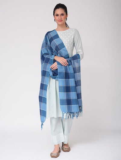 Women Blue Cotton Hand Woven Dupatta