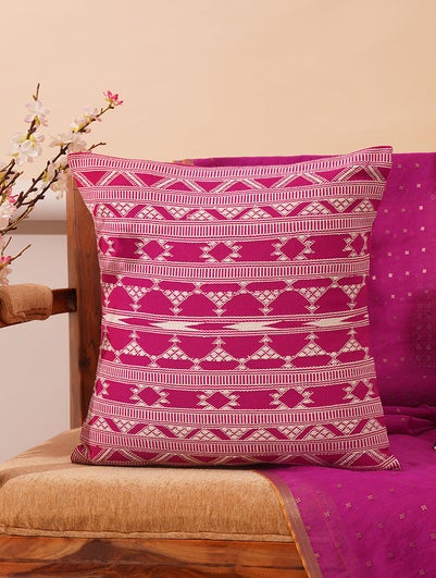 Rani Pink And Off White Handwoven Kashida Cushion Cover