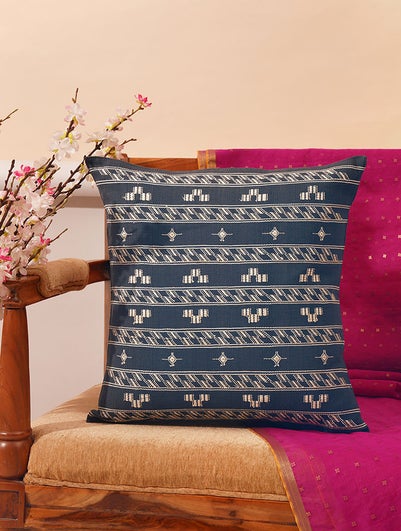 Indigo And Off White Handwoven Kashida Cushion Cover