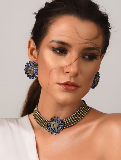 Women Blue Dual Tone Tribal Necklace Set