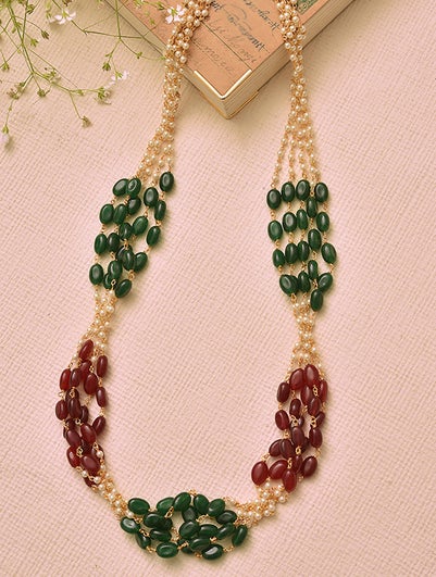 Women Maroon Green Gold Tone Necklace