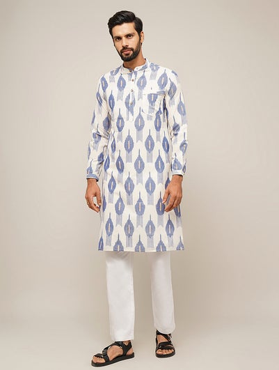 Men White Cotton Ikat Mandarin Collar Regular Fit Kurta