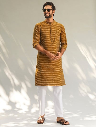 Men Mustard Yellow Cotton Ikat Mandarin Collar Regular Fit Kurta