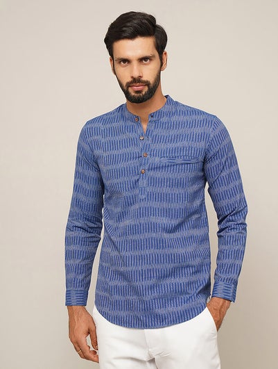 Men Blue Cotton Ikat Mandarin Collar Regular Fit Kurta - 38