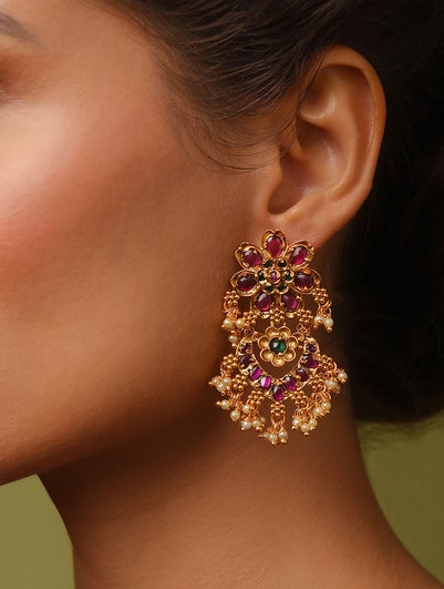 Women Red Green Gold Tone Temple Earrings