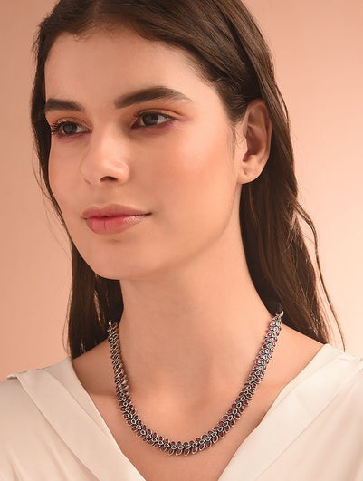 Women Pink Kempstone Encrusted Tribal Silver Necklace