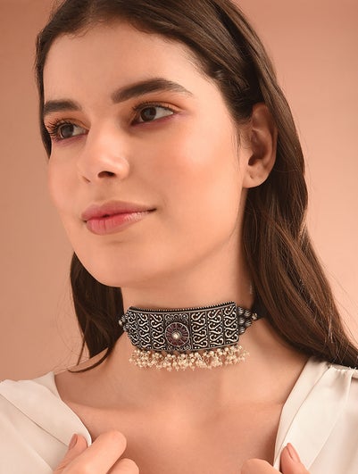 Women Pink Kempstone Encrusted Tribal Silver Necklace