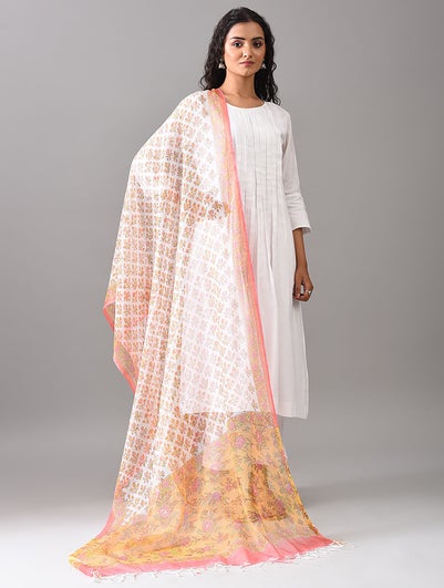 Women Natural White Kota Block Print Dupatta