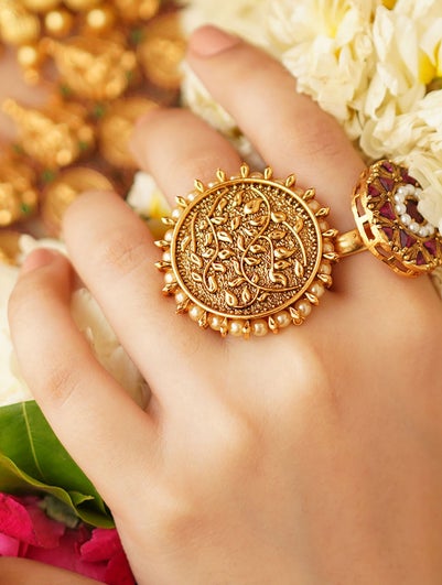 Women Red Gold Tone Temple Ring