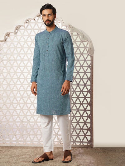 Men Teal Blue Cotton Hand Woven Mandarin Collar Regular Fit Kurta