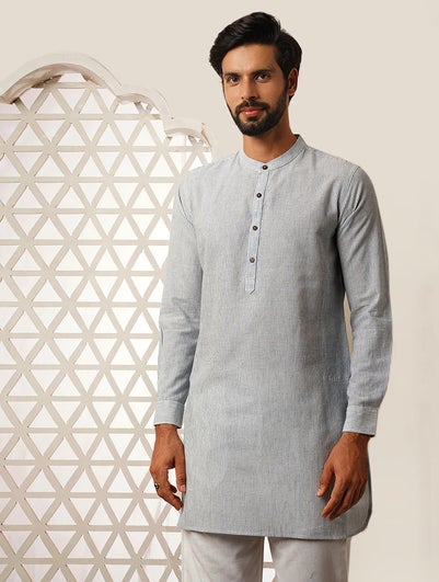 Men White Cotton Hand Woven Mandarin Collar Regular Fit Kurta