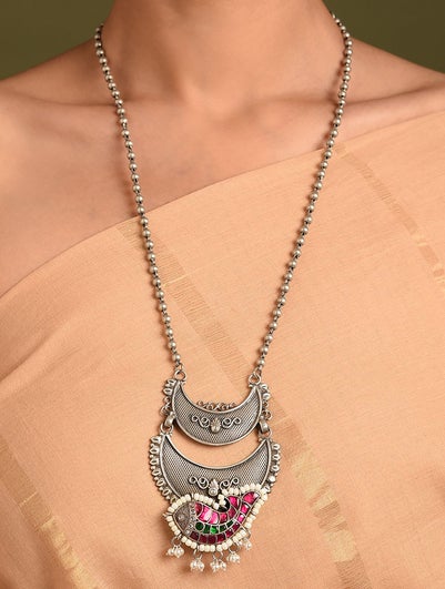 Women Pink Tribal Silver Necklace