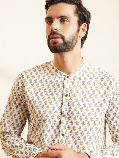 Men Multicolour Cotton Block Print Mandarin Collar Regular Fit Kurta