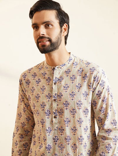 Men Multicolour Cotton Block Print Mandarin Collar Regular Fit Kurta