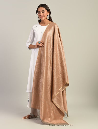 Women Beige Brown Handwoven Benarasi Kora Silk Dupatta