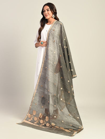 Women Black Handwoven Benarasi Kora Silk Linen Dupatta