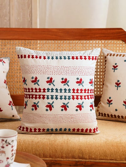 Multicolour Cotton Embroidered Cushion Cover