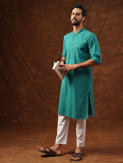 Men Teal Blue Cotton Mandarin Collar Regular Fit Kurta