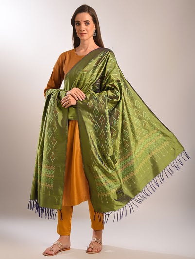 Women Green Handloom Ikat Silk Dupatta