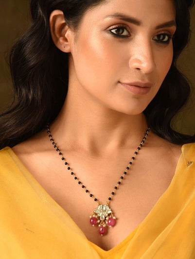 Women Pink Gold Tone Pachi Kundan Mangalsutra Necklace