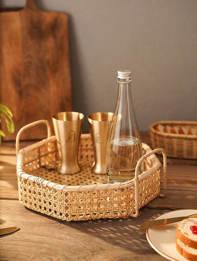 Handcrafted Hexagonal Cane Tray With Handles