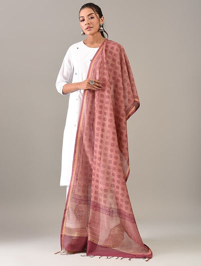 Women Pink Block Printed Cotton Silk Dupatta