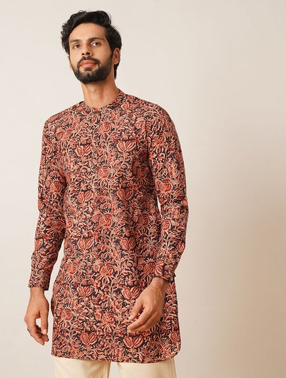 Men Multicolour Cotton Kalamkari Mandarin Collar Regular Fit Kurta