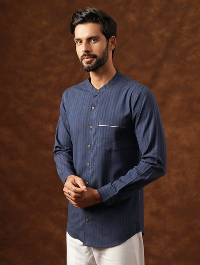 Men Navy Blue Cotton Self Design Mandarin Collar Regular Fit Shirt - 38