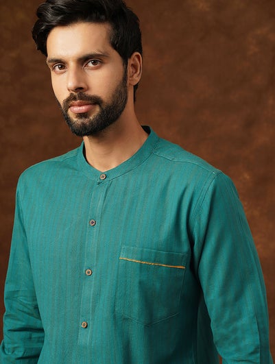 Men Teal Blue Cotton Self Design Mandarin Collar Regular Fit Shirt