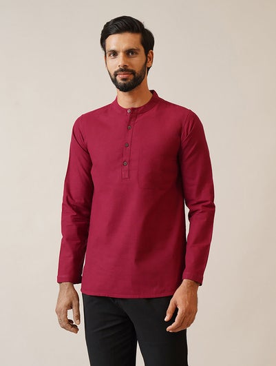 Men Red Cotton Mandarin Collar Regular Fit Kurta