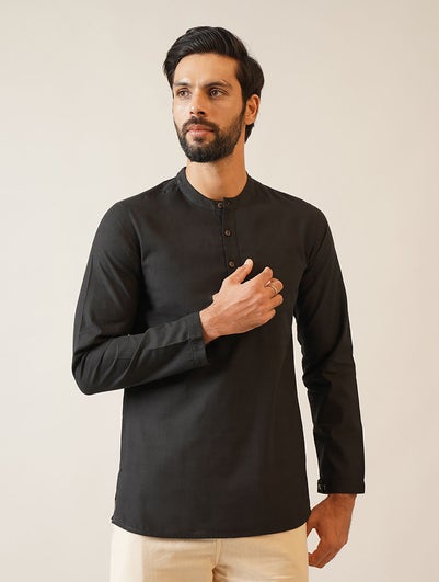 Men Black Cotton Mandarin Collar Regular Fit Kurta